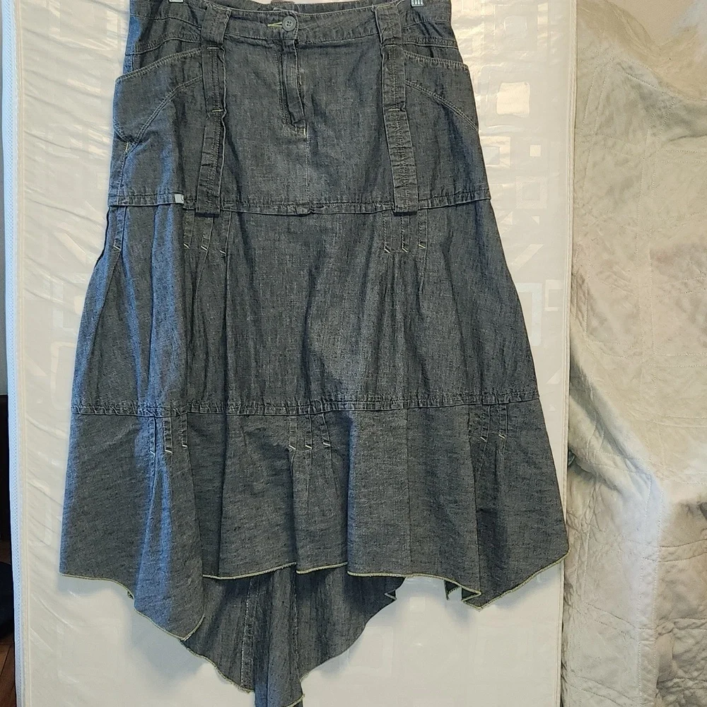 2026 Deux Mille Vingt Six chambray assymetrical hem midi skirt waist 32